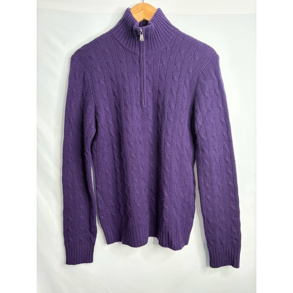 Ralph Lauren Black Label 100% Cashmere Cable Knit Sweater Women L Purple 1/4 Zip